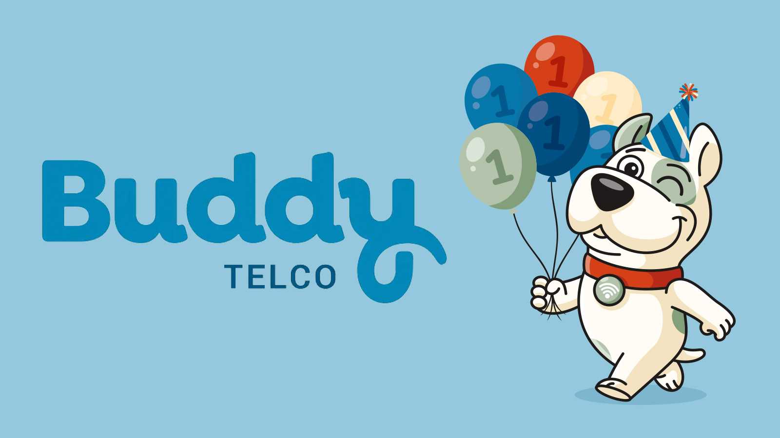 Buddy Telco logo and the dog mascot holding some balloons with the number 1 on.