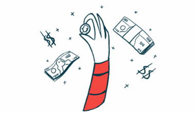 A hand holds up a coin as dollar signs and packets of money float around it.