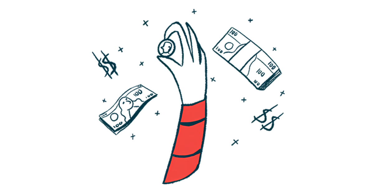 A hand holds up a coin as dollar signs and packets of money float around it.