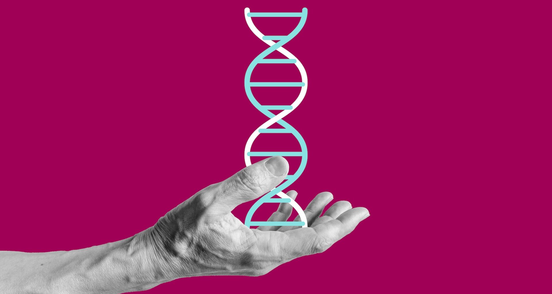 a photo collage illustration of a human hand holding a molecule of DNA