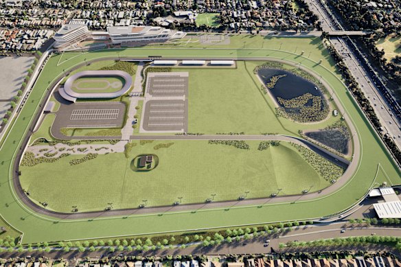 An artist’s impression of a reshaped Moonee Valley racecourse and the available space in its infield. 