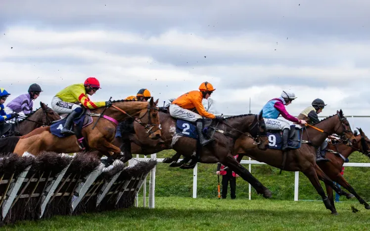 Horses jump elegantly over a jump at Chepstow Races