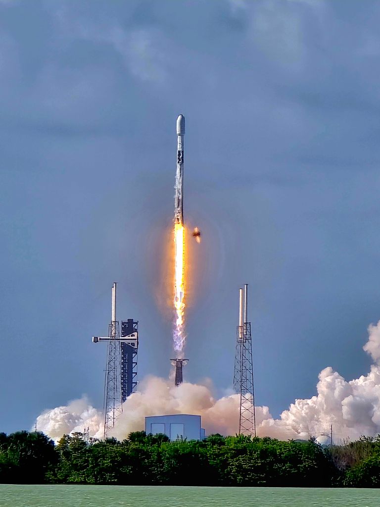 SpaceX Falcon 9 departing Launch Complex 40 at Cape Canaveral Space Force Station with Starlink satellites in June. Photo by Jack Kennedy