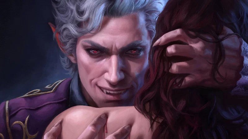 Official D&D artwork from the new Forgotten Realms DLC on D&D Beyond, featuring the vampire Astarion about to bite a woman's neck.