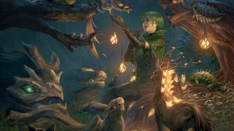 Official D&D artwork featuring a green haired Eladrin druid in a grove surrounded by magical creatures.
