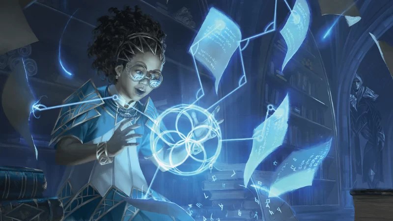 Official D&D artwork featuring a young female wizard casting a spell in a library.