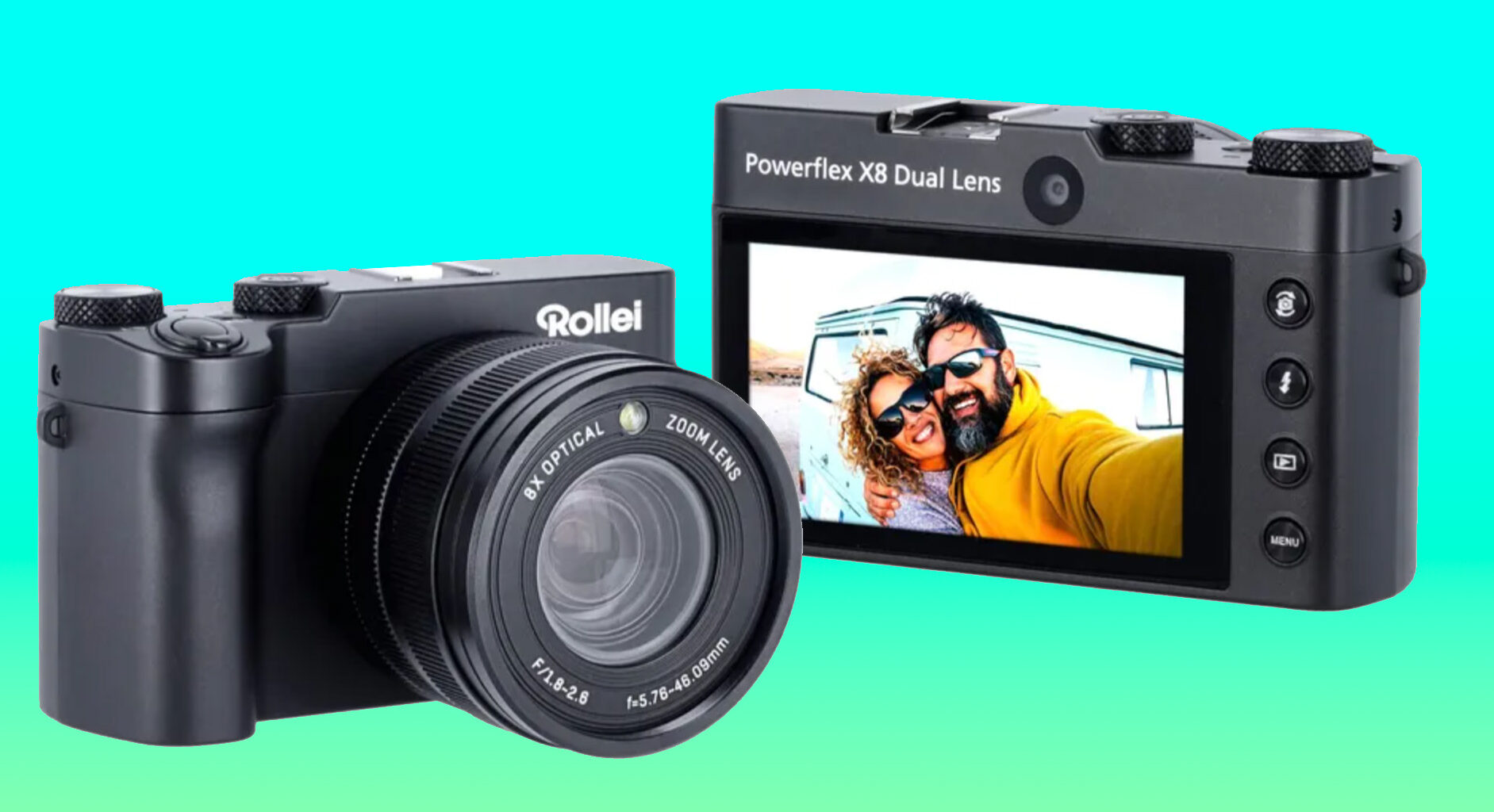 Rollei Powerflex X8 product images (front and back) on a green to blue gradient