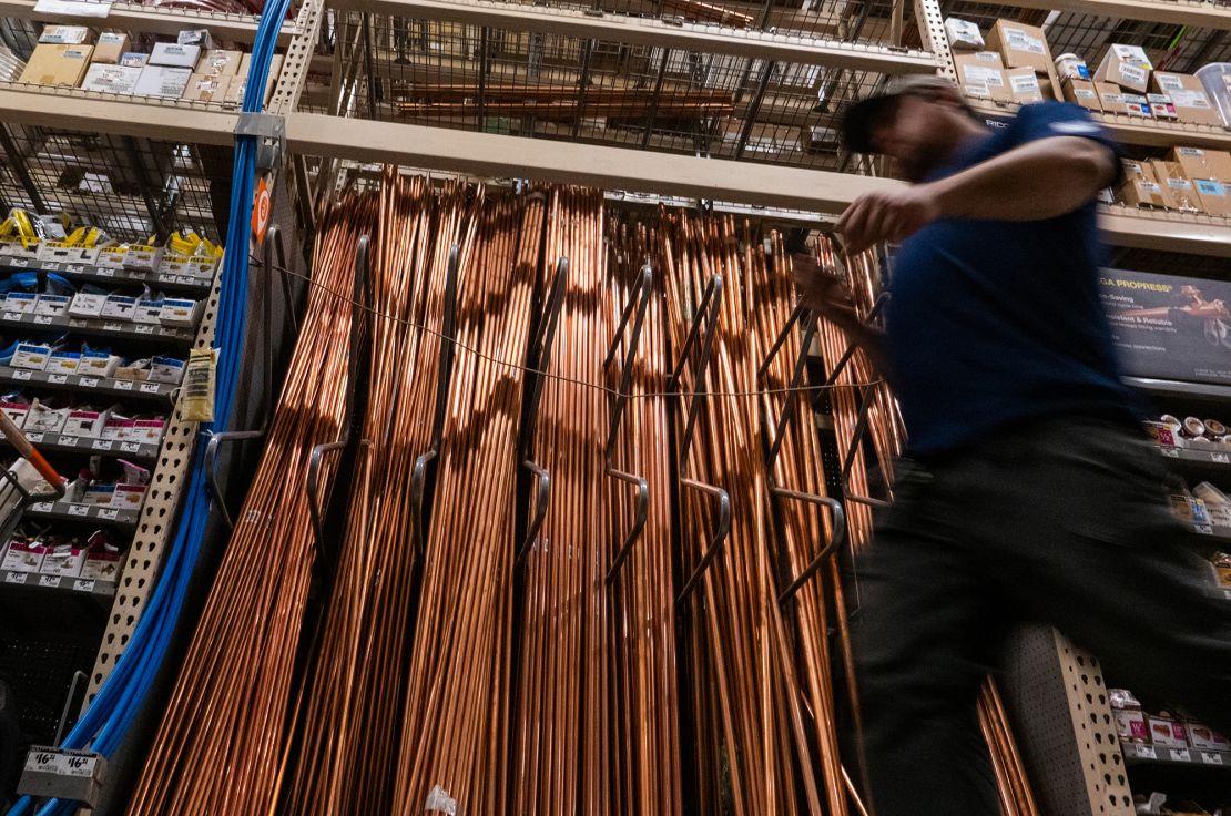 Copper pipes are displayed in a home rebuilding store on July 9 in New York City. After President Donald Trump said he would impose a 50% tariff on imports of the metal, the price of copper has continued to rise. Copper is found in a variety of goods, including cars, electronics and machinery.