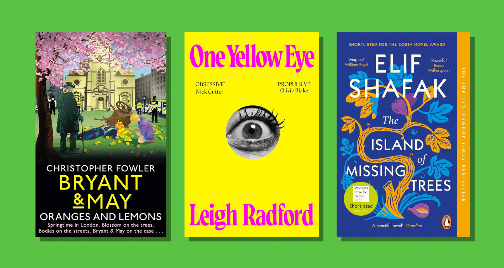 Book covers of Bryant &amp; May, One Yellow Eye and The Island of Missing Trees