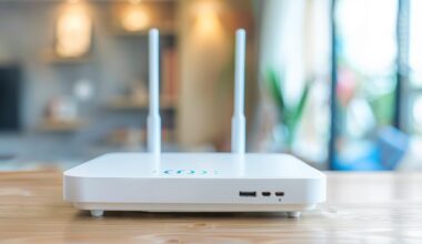 A white device with two short antennas is sitting on a brown desk. A living area can be seen blurry in the background.