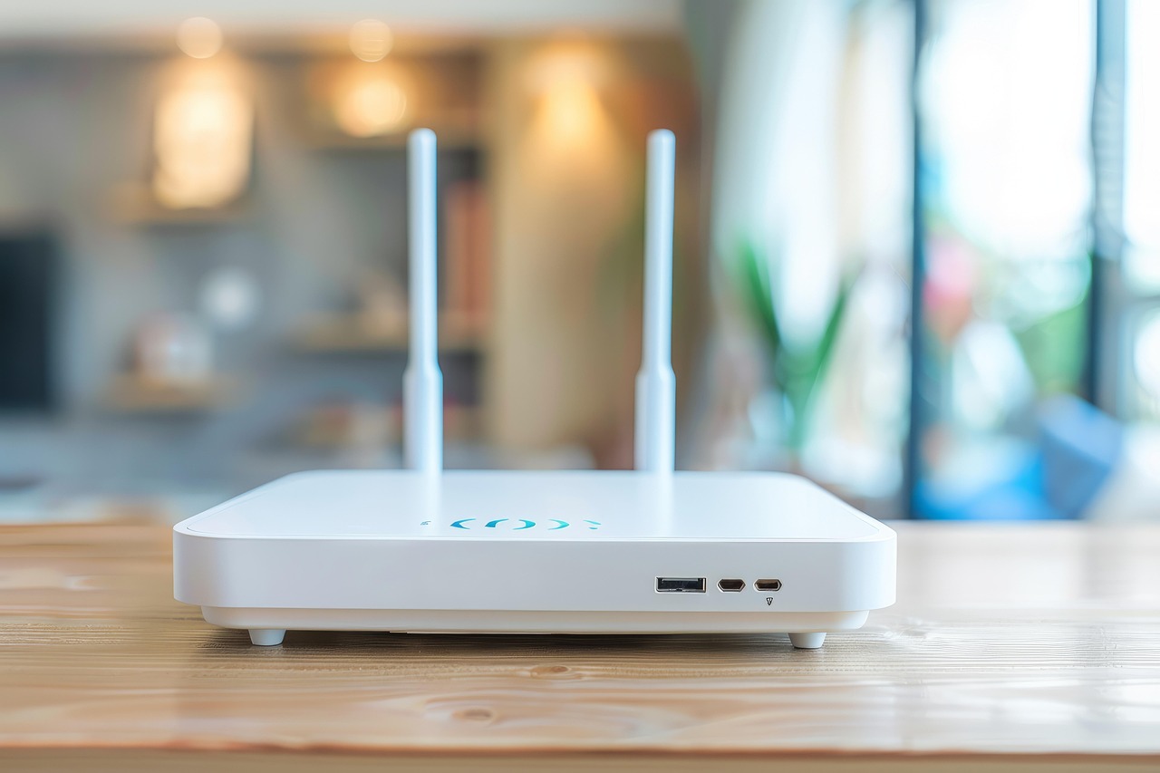 A white device with two short antennas is sitting on a brown desk. A living area can be seen blurry in the background.