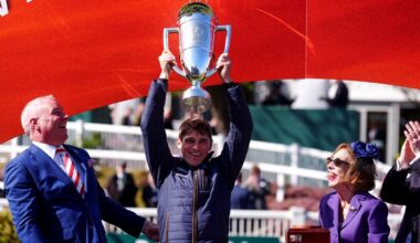 Harry Skelton with The David Power Jockeys' Cup. Pic: PA