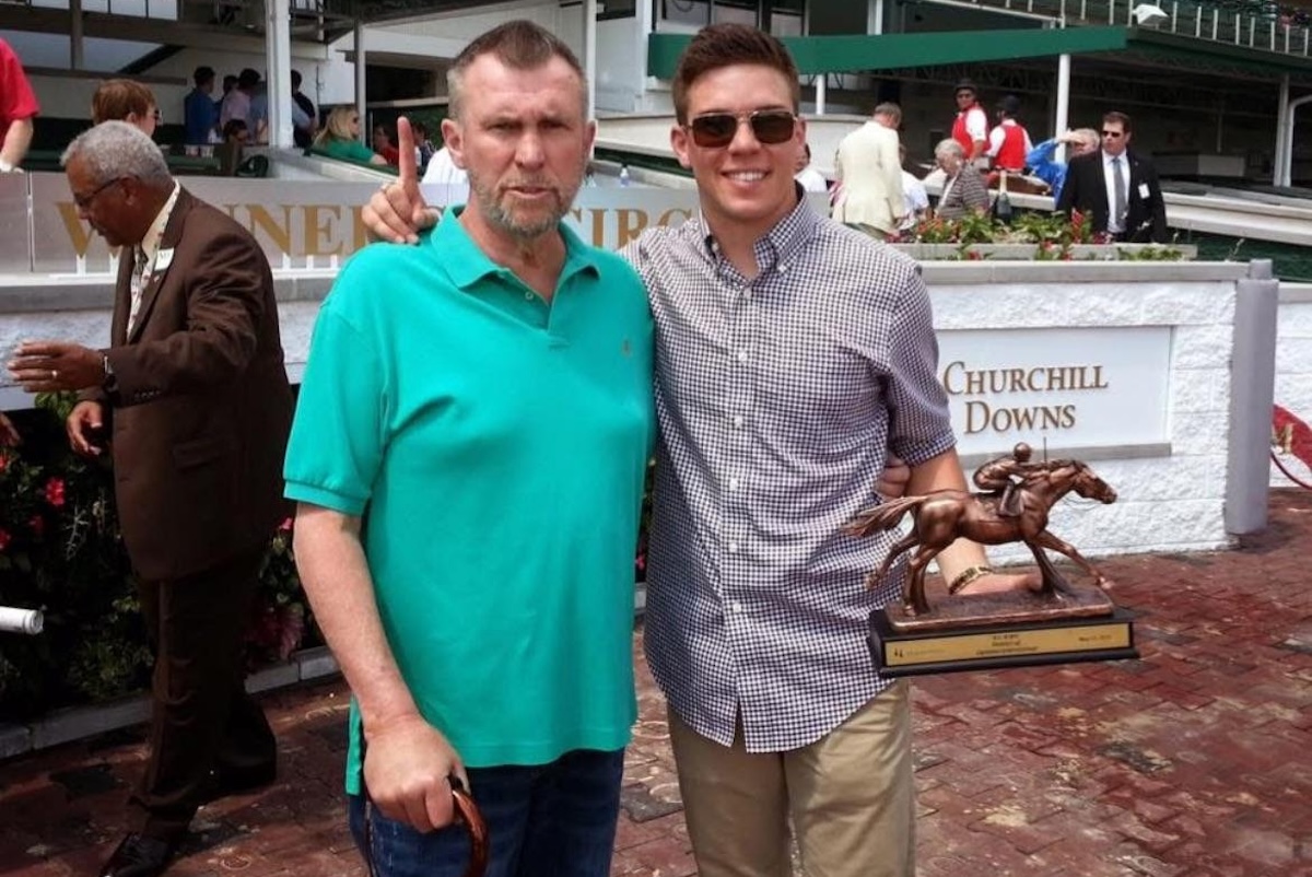 Garry Simms Sr. with his son and assistant trainer Zack after winning a race at Churchill Downs in 2015. Photo courtesy of Simms family.