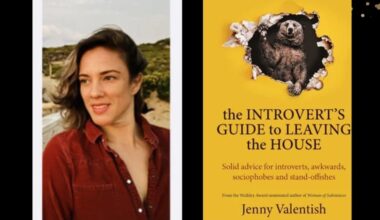 Two panels. On the left is Jenny Valentish, who is wearing a read shirt and has brown hair. On the right is the cover of her book, The introvert's guide to leaving the house.