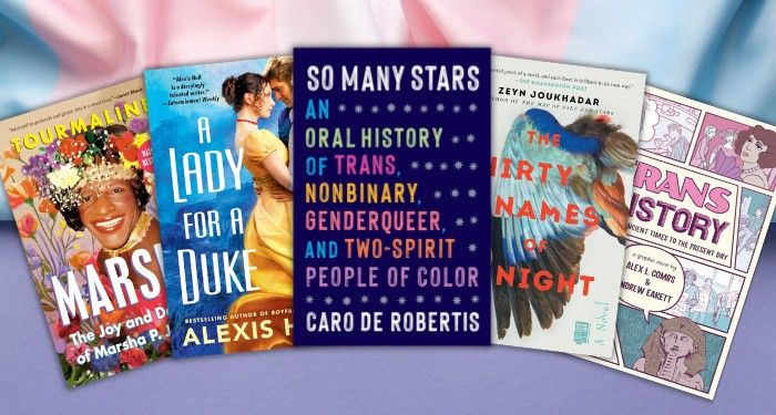 a collage of trans history and trans historical fiction book covers
