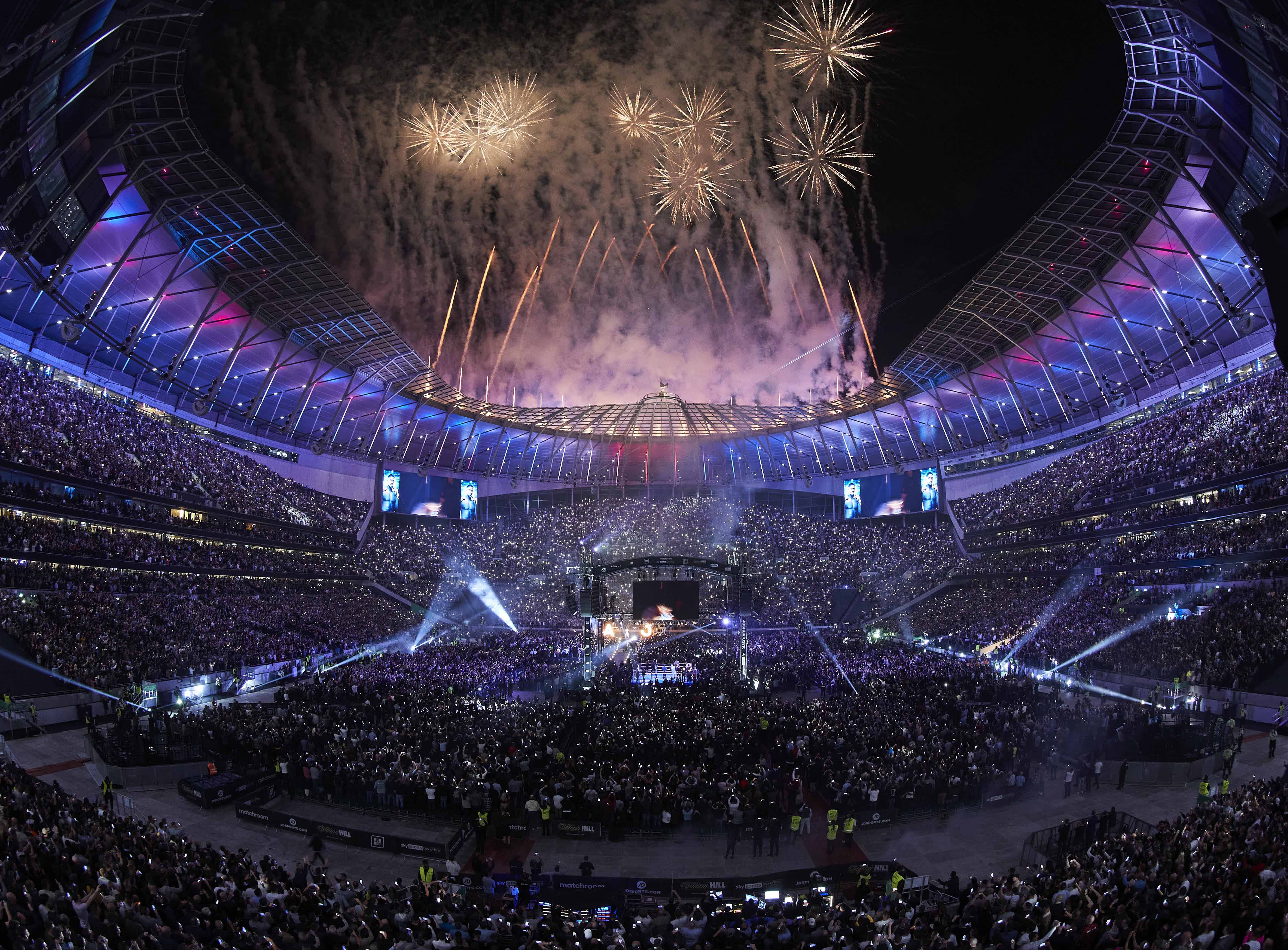 Fireworks over a stadium filled with people at the Joshua vs. Usyk weigh-in.