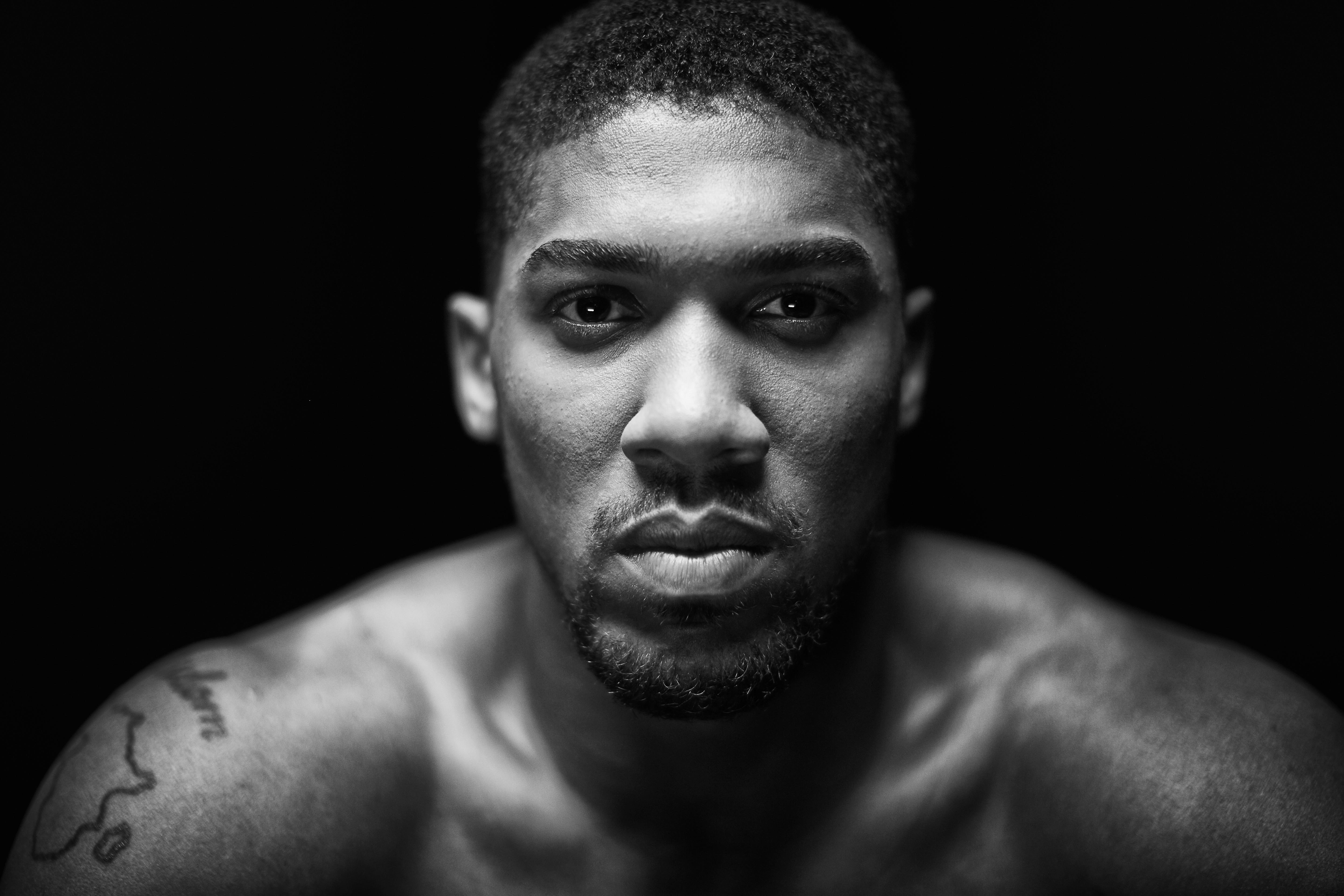 Black and white portrait of Anthony Joshua.