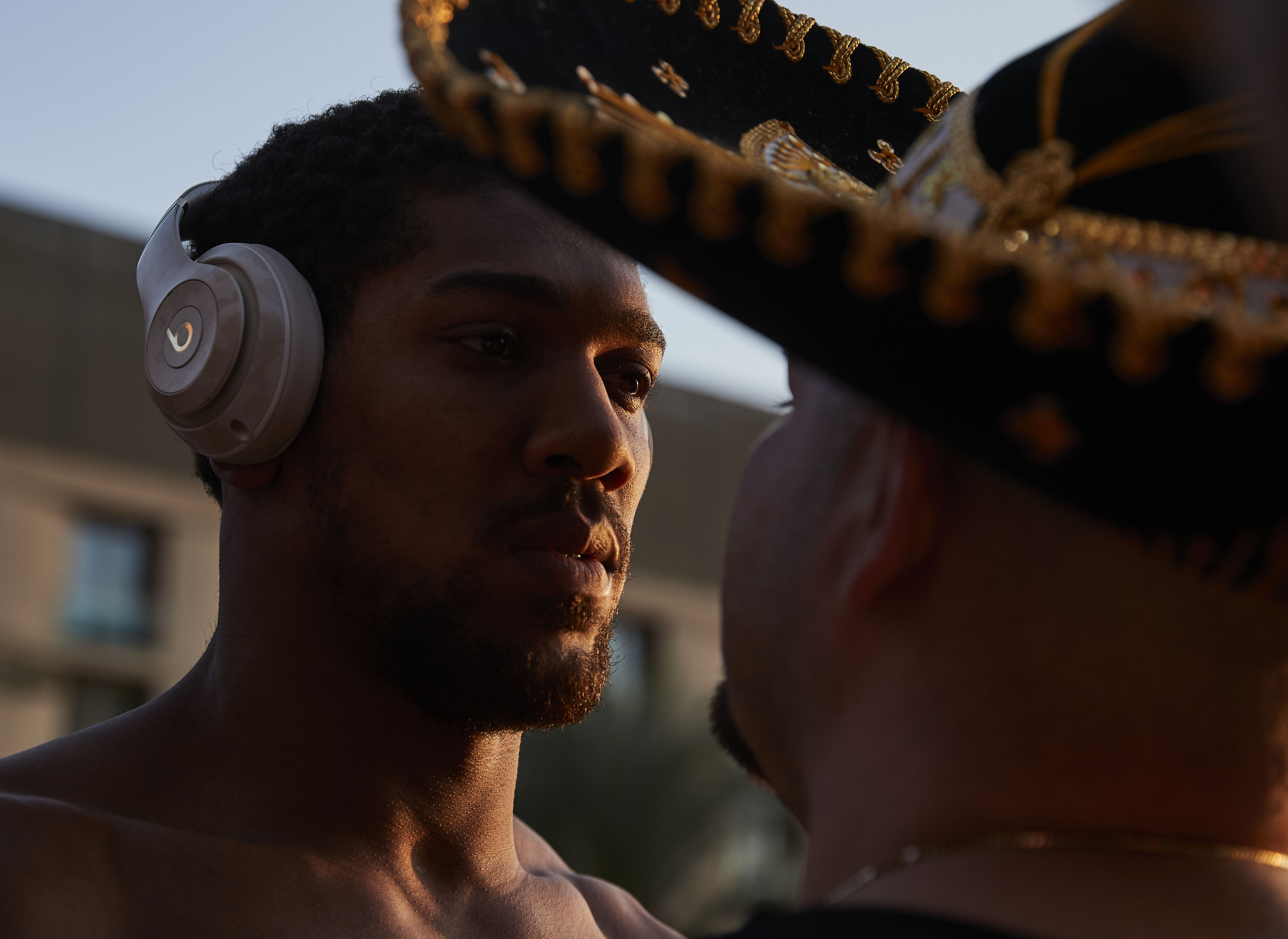 Anthony Joshua and Andy Ruiz Jr. face each other at a weigh-in.