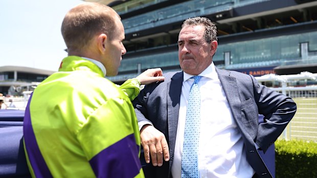 Jockey Tommy Berry and trainer Michael Freedman after Pallaton’s debut win in December.