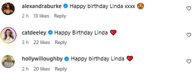 Cat Deeley, Holly Willoughby and Alexandra Burke also wished Linda a happy birthday'