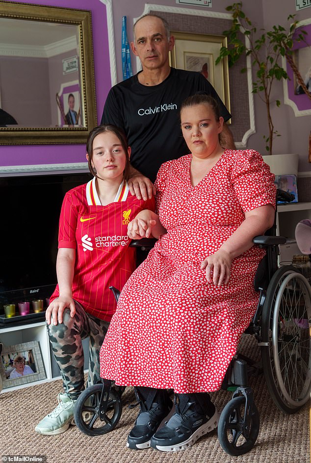 Ms Rich claims she was left in soiled hospital clothes for days as staff had not cleaned her (she is pictured with her family on Wednesday)