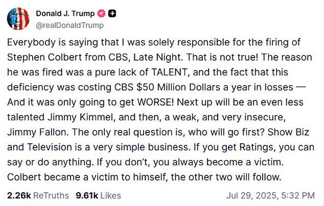 At the time, Trump praised CBS' decision to let Colbert go