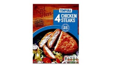 The affected product sold by Lidl is the Red Hen Tempura 4 Chicken Steaks, pack size 380g