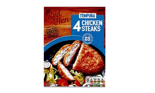 The affected product sold by Lidl is the Red Hen Tempura 4 Chicken Steaks, pack size 380g