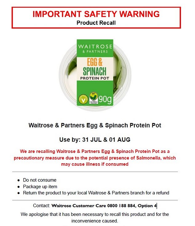 The urgent recall issued was for the product Waitrose & Partners Egg & Spinach Protein Pot