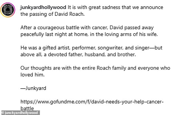 David's death was also announced by the Junkyard page