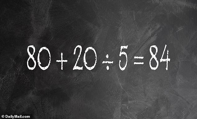 First, you divide 20 ÷ 5, which equals 4. Then, you add that to 80, giving you a final answer of 84