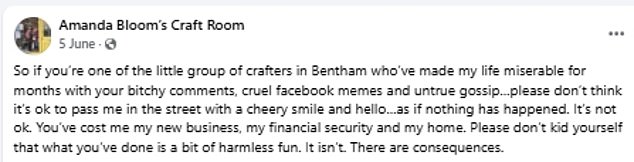Amanda accused a 'little group of crafters in Bentham' of making her life 'miserable for months with your bitchy comments, cruel Facebook memes and untrue gossip'