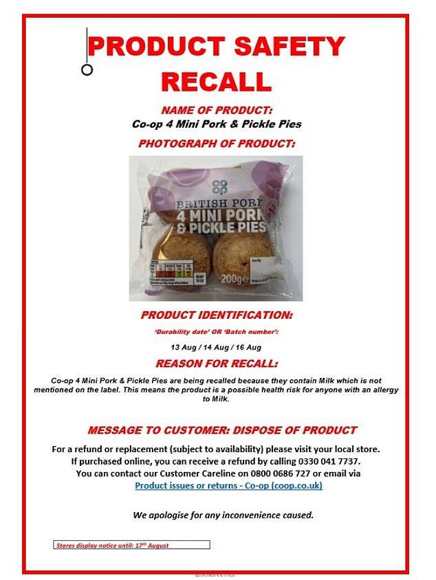 Co-op has urgently recalled a batch of pork pies over fears they could cause potentially life-threatening allergic reactions