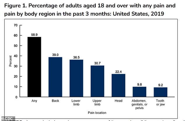 The above graph shows the percentage of adults aged 18 and over with any form of pain. Back pain is the most common form of pain in the US, the figures suggest