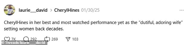 David's ex-wife, Laurie, took aim at Hines earlier this year in a barbed post on Threads after she was seen supporting her husband at his Senate confirmation hearings