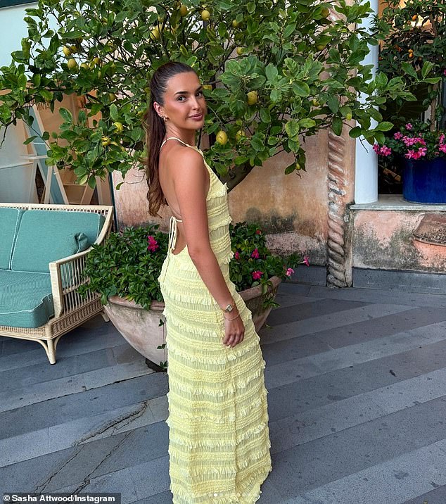 Sasha - who has been with Jack since school - sent temperatures soaring in a lemon yellow maxidress covered in layered ruffles