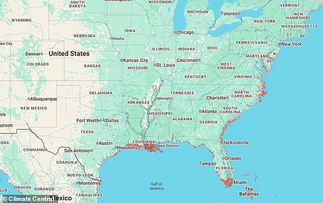New Orleans is no stranger to flooding, and the map shows that the coastline stretching from this city all the way to Galveston, Texas, would be underwater