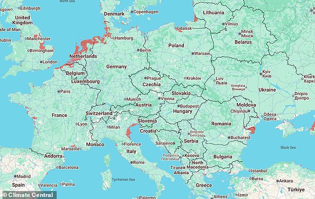 In Europe, Climate Central predicts that the entire coast stretching from Calais to south Denmark would be underwater