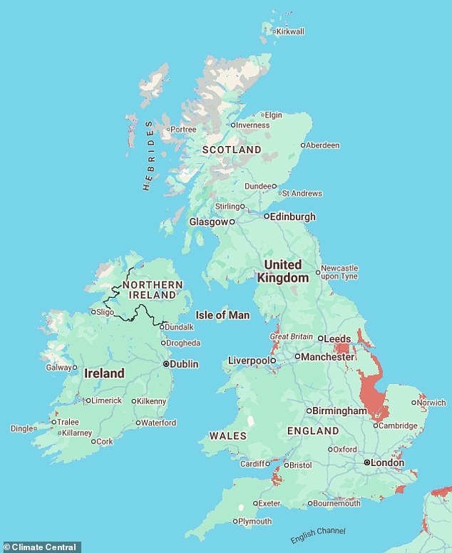 The east coast of England would be worst impacted if sea levels rose by 9.8ft, with Hull, Skegness and Grimsby all plunged underwater
