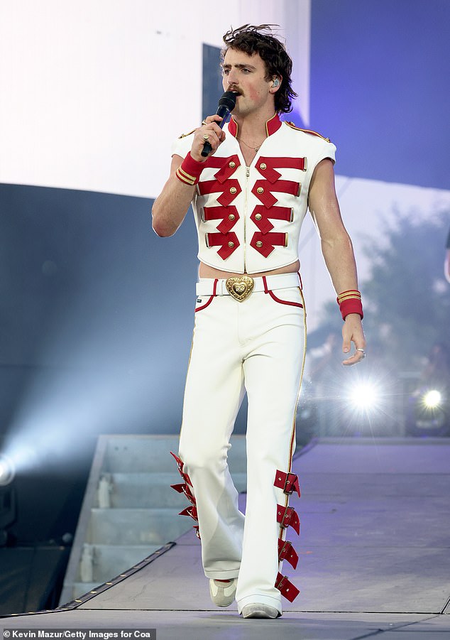 Benson Boone kicked off his American Heart tour on Friday night, but some fans have noticed his stage looks more like another part of the body;  Pictured in Indio, CA in April