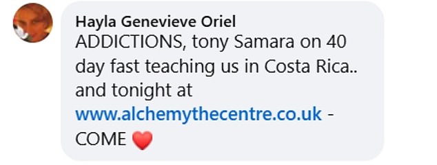 He describes himself as offering 'profound teachings that resonate with the essence of love, wisdom and divine union'. Pictured: The caption of a Facebook post from Ms Oriel about his lecture on a 40-day fast in Costa Rica