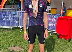 Kieran after finishing a triathlon before his brain tumour diagnosis