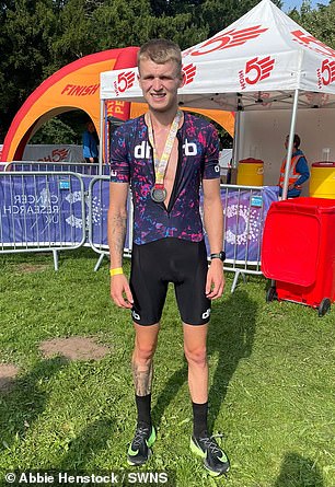 Kieran after finishing a triathlon before his brain tumour diagnosis