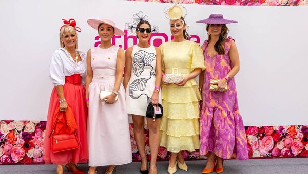 Five finalists in the Athlone Towncentre 'Friday's Most Stylish' at the Galway Races - Laura Deering, Éilis Dempsey, Louisa Murphy, Laura Hanlon and winner Clodagh Cosgrove from Athlone. Pic: INPHO/Morgan Treacy