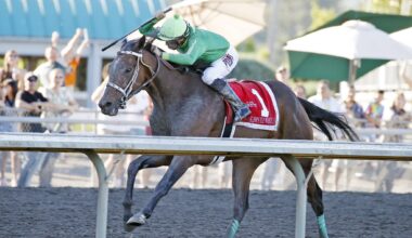 Slew's Tiz Whiz wins the 2022 Longacres Mile. He'll try again on Sunday for a second victory in Emerald Downs' top race. (Photo courtesy Emerald Downs)