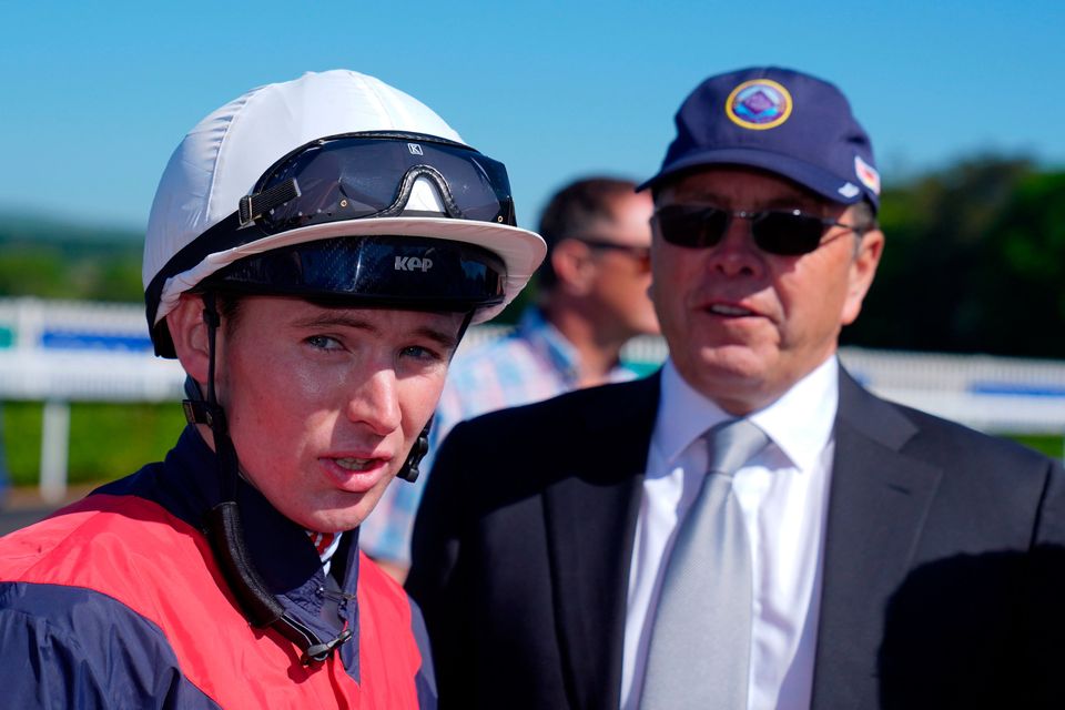 Ger Lyons (right) says he was surprised to see Howd’yadoit prevail in the Naas feature under jockey Ger Lyons.