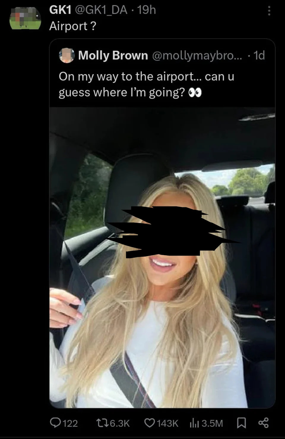 A woman with long hair is sitting in a car, holding the seatbelt. The tweet reads, "On my way to the airport… can u guess where I’m going?"
