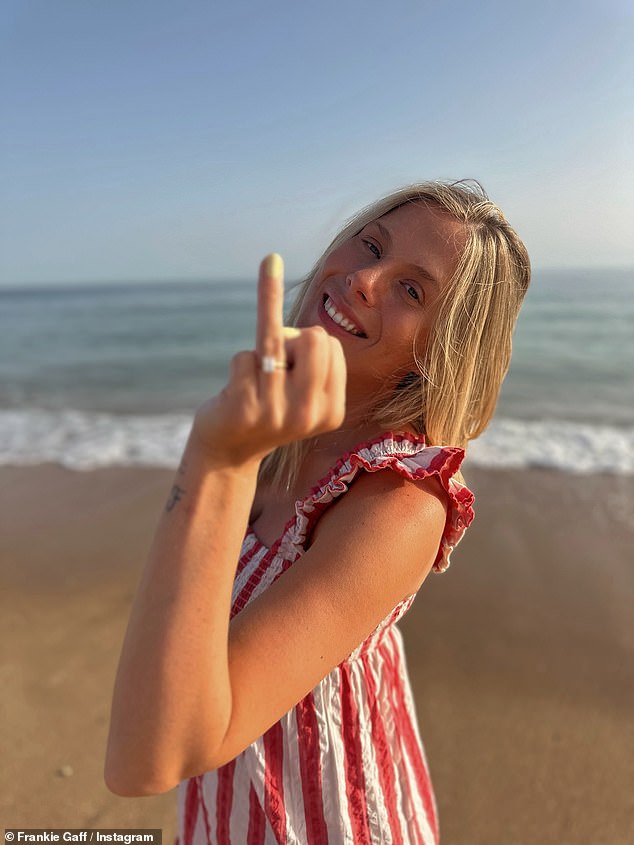 The blonde beauty shared an array of photographs of herself flashing her diamond sparkler as well as shots of her cuddling up to the venture capitalist