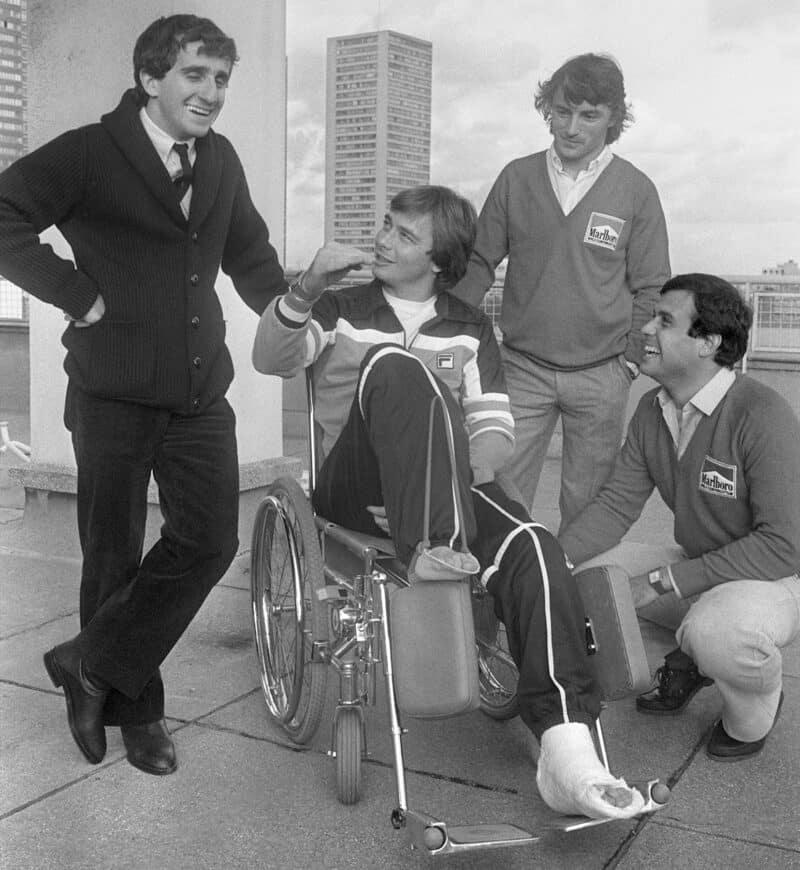 Alain Prost with Rene Arnoux and Patrick Tambay visiting Didier Pironi in hospital