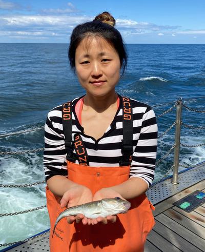 Left: A scientist holds a mature cod in 1987. Right: Biologist Kwi Young Han holding a mature cod today.